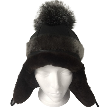 1_GNP_Ladies_Pompom_Hat_Front_Leather_SealSkin_SilverFoxPompom_Beaverlining