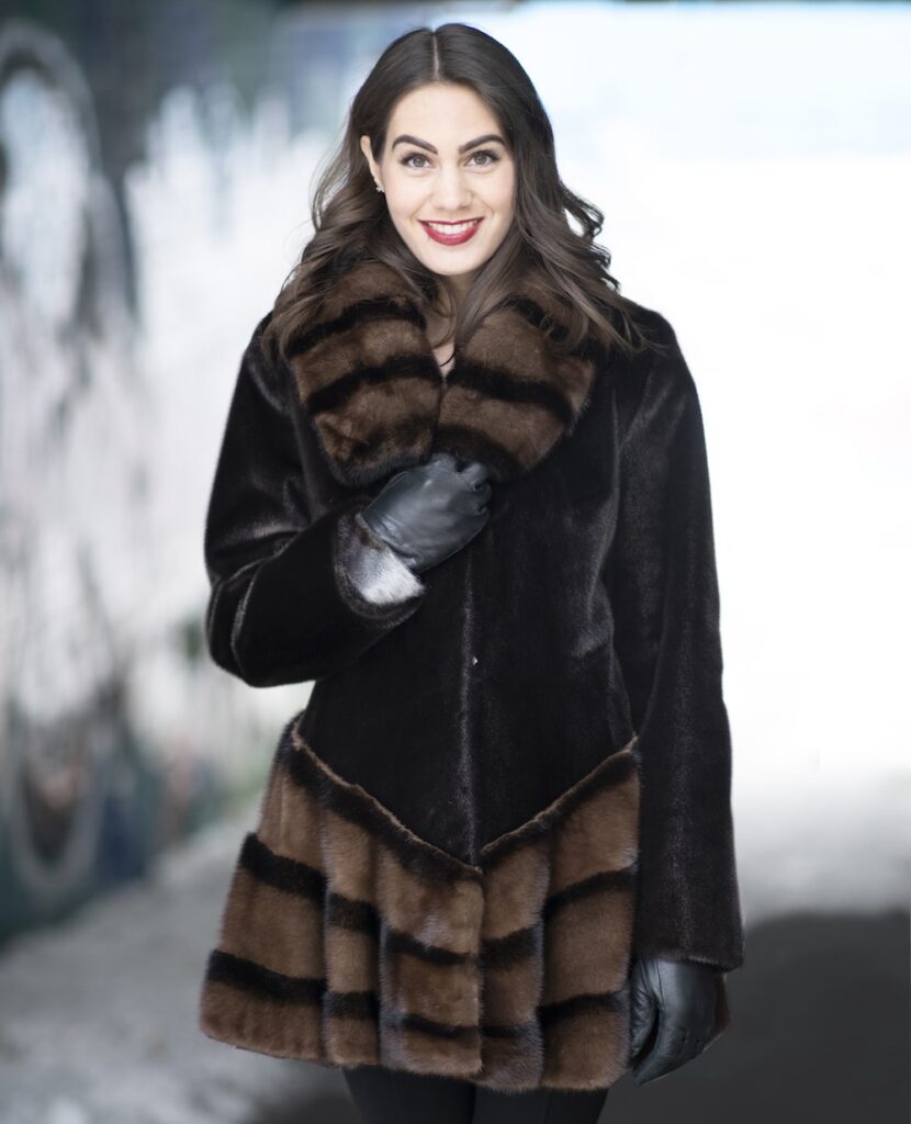 Manteau De Fourrure Vison Marron Et Cuir Noir Avec Toque - Taille M/L, Occasion Bon état