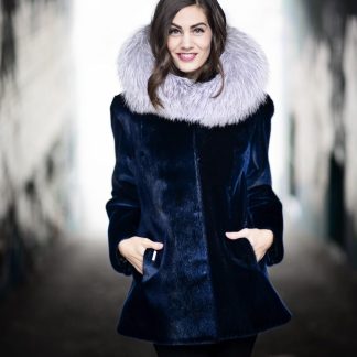 Seal Fur Coat with Hood and Silver Fox Trim