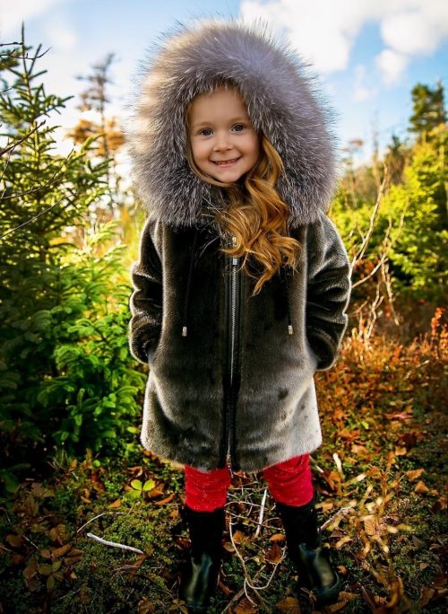 Manteau pour enfants en fourrure de phoque et en renard indigo