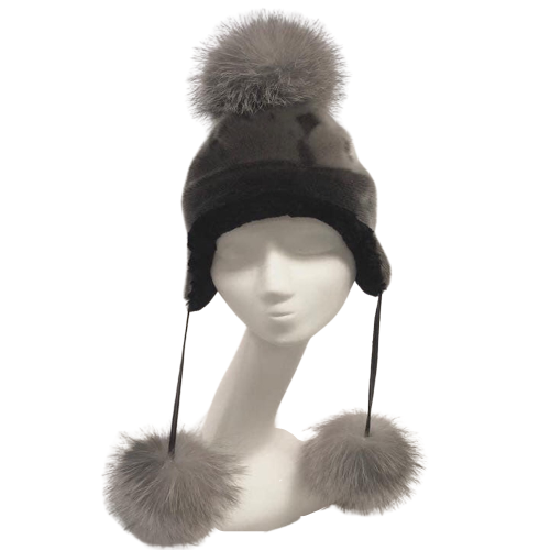 Erin Hat – Seal Fur With Silver Fox Pom Poms