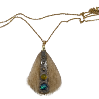 Golden Seal Fur Pendant with Faceted Yellow Chalcedony and Abalone Gemstone Cabochons