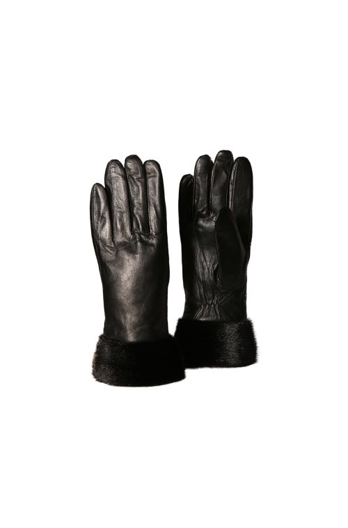 GANTS CUIR NOIR AVEC BORDURE EN LOUP MARIN NOIR