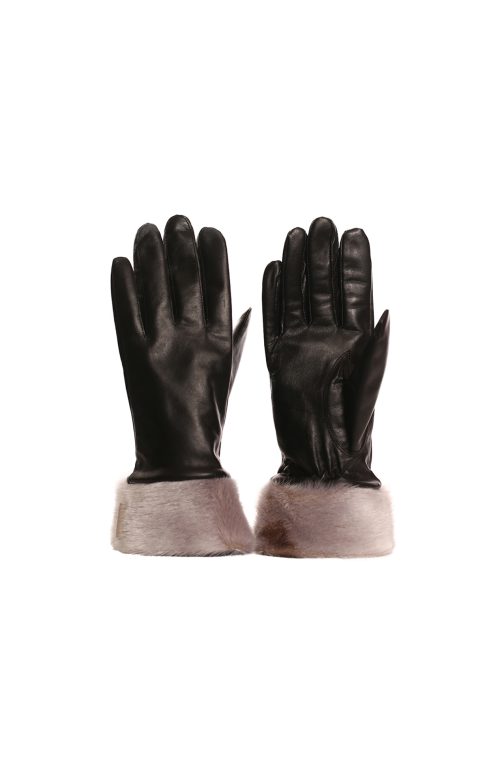 GANTS CUIR NOIR AVEC BORDURE EN LOUP MARIN NATUREL