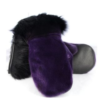Warmest Mittens In Purple Seal Skin & Black Raccoon Fur Trim Deluxe