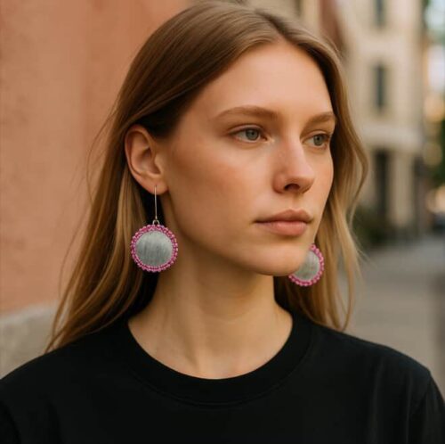 Double Sided Round Sealskin Earrings (Pink Beads Edge)